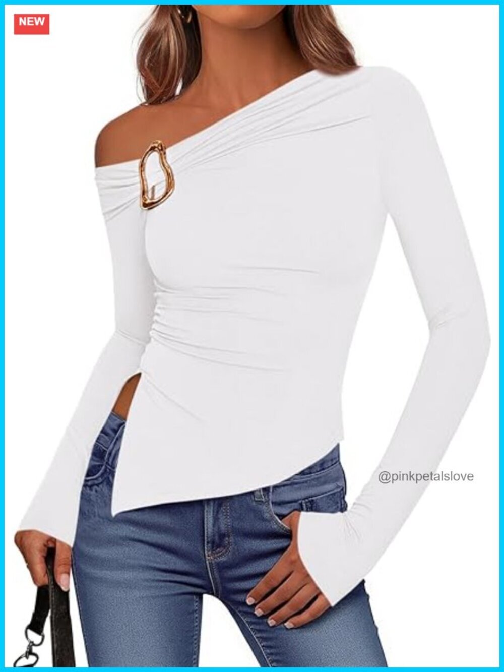 Off The Shoulder Asymmetrical Long Sleeve Fitted Top - Viscose/Elastane